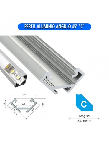 Perfil aluminio ángulo de 45 grados modelo C para tiras de led.