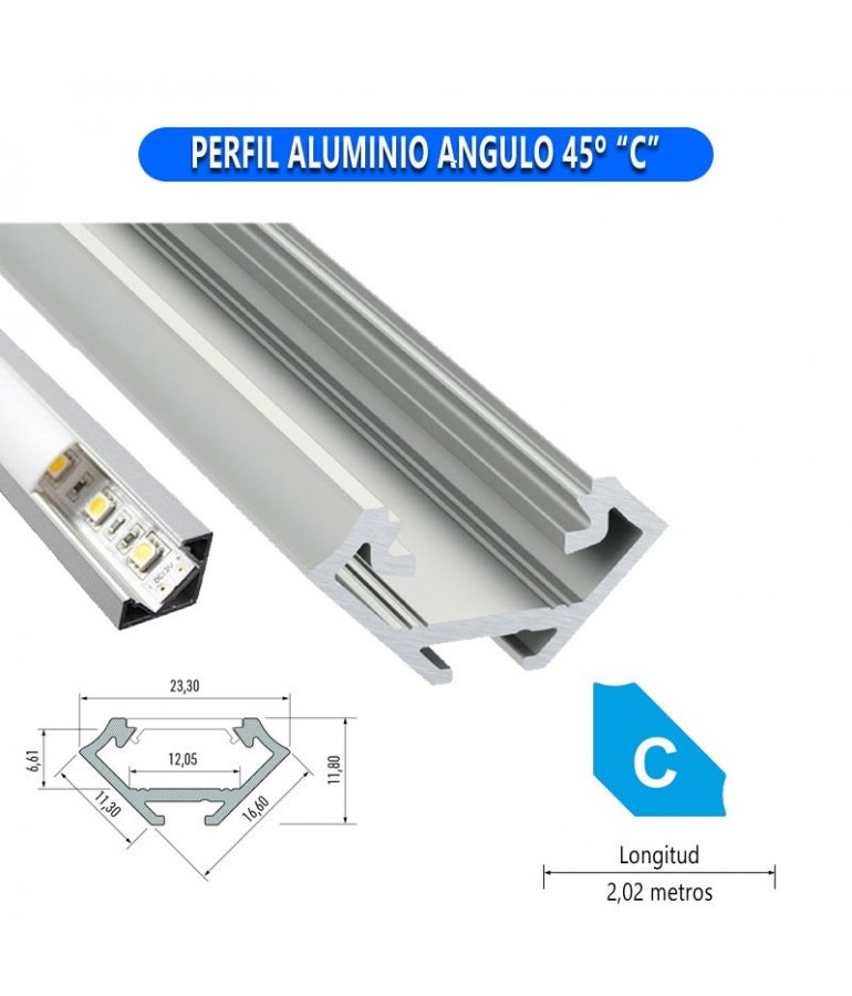 Perfil aluminio ángulo de 45 grados modelo C para tiras de led.