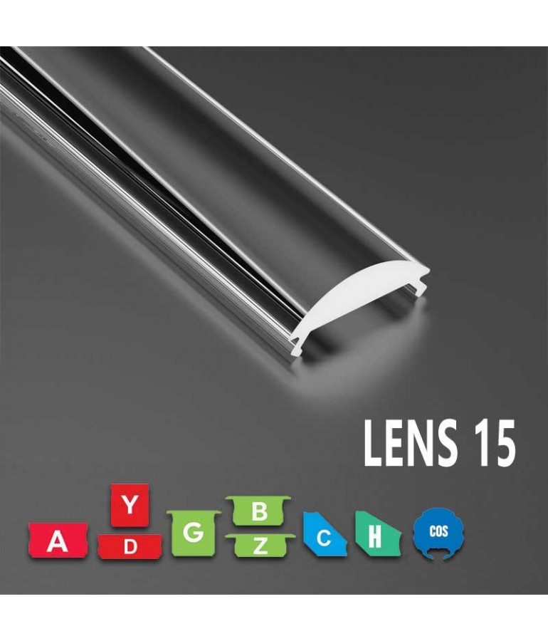 Difusor transparente LENS 15 Perfil de aluminio tiras led.